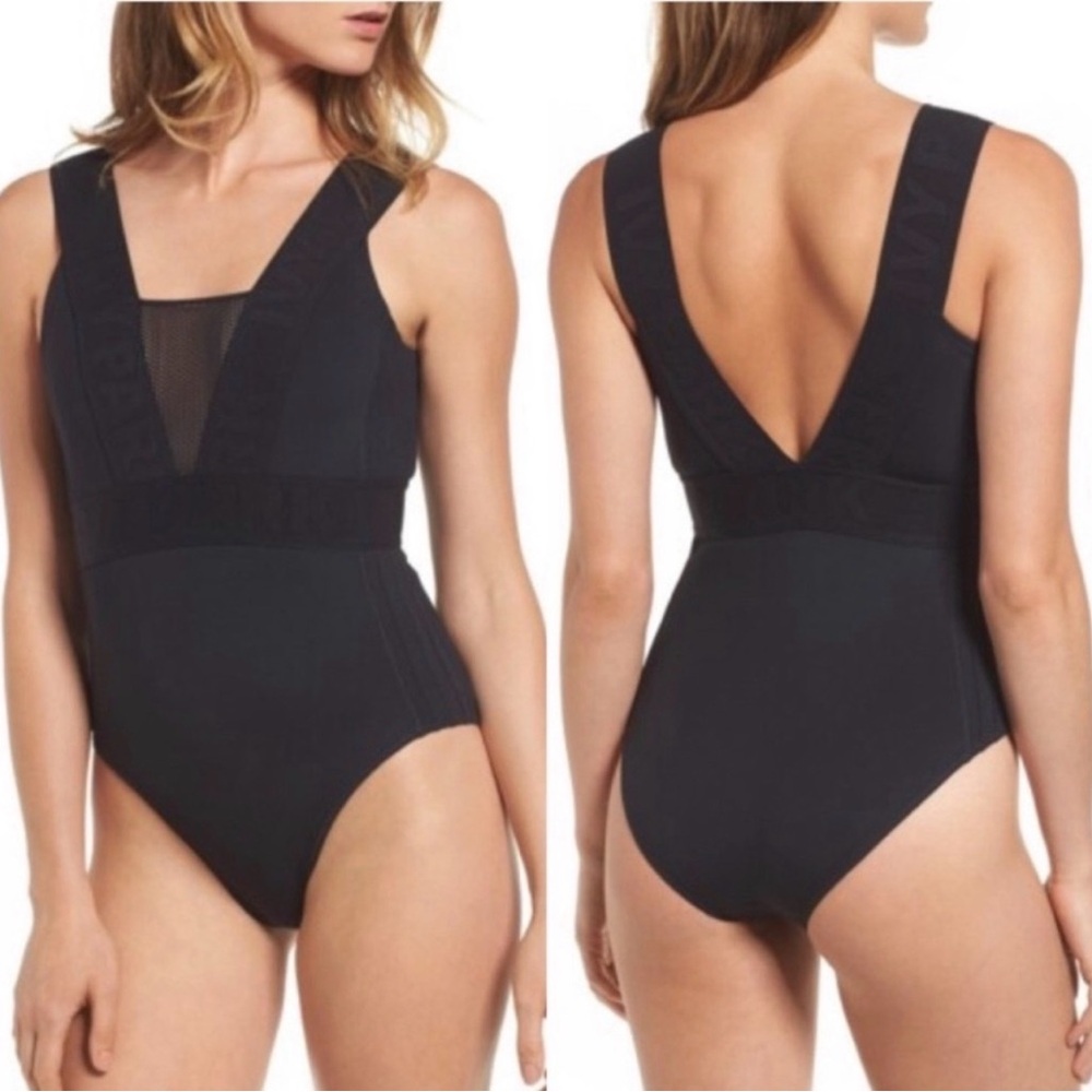 IVY PARK  Black Pintuck Bodysuit V Neck Back Mesh leotard Medium